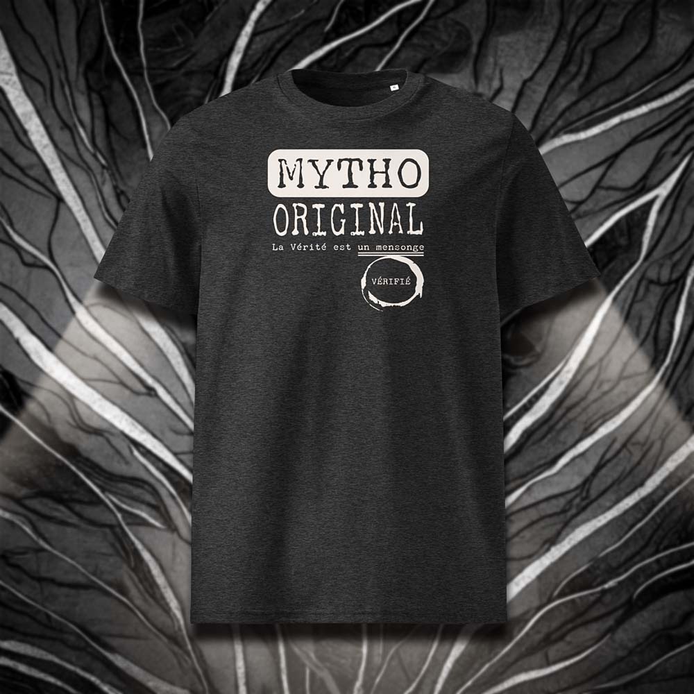 T-shirt unisexe gris foncé, vu de face et portant le design "Mytho Original" coloré en blanc craie