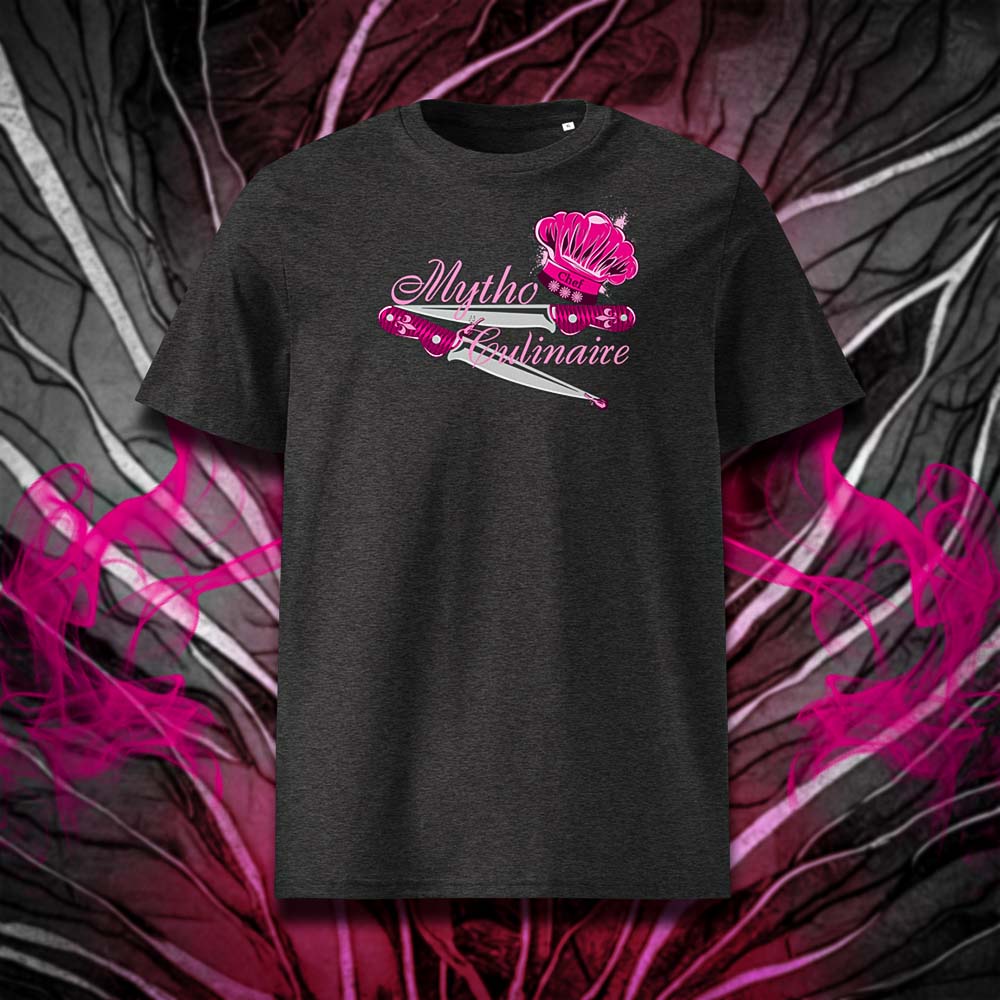 T-shirt unisexe gris foncé, vu de face et portant le design "Mytho Culinaire" coloré en magenta