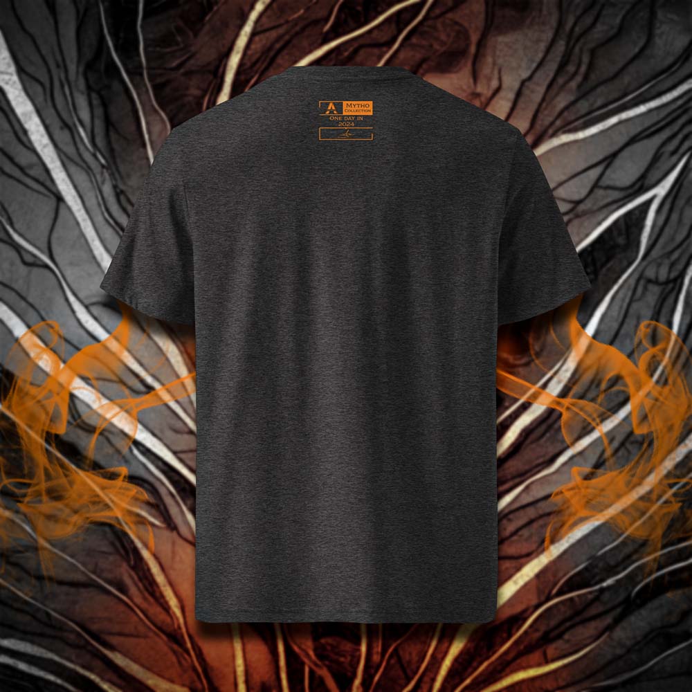 T-shirt unisexe gris foncé, vu de dos et portant l'étiquette de la collection "Mytho" coloré en mandarine