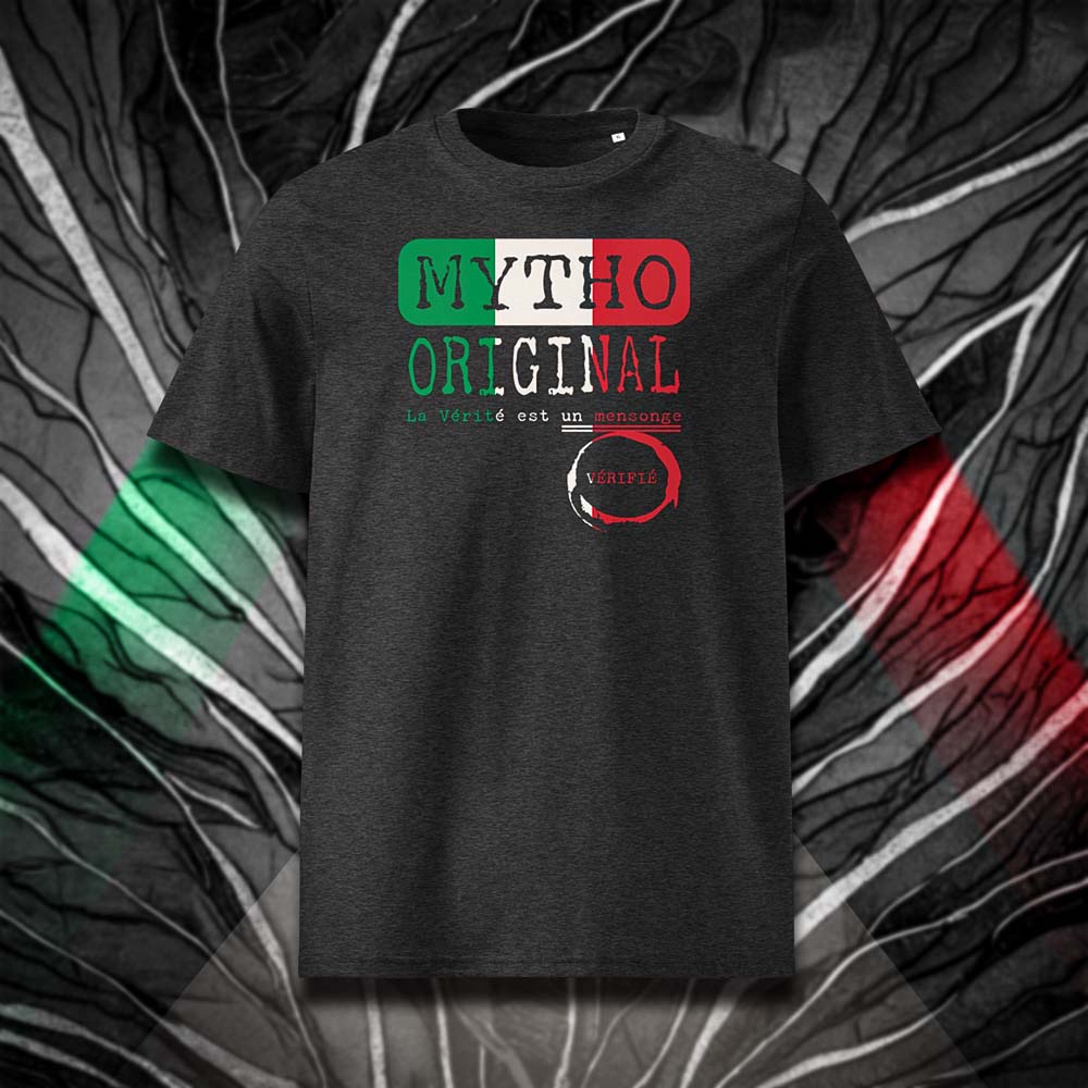 T-shirt unisexe gris foncé, vu de face et portant le design "Mytho Original" aux couleurs de l'Italie