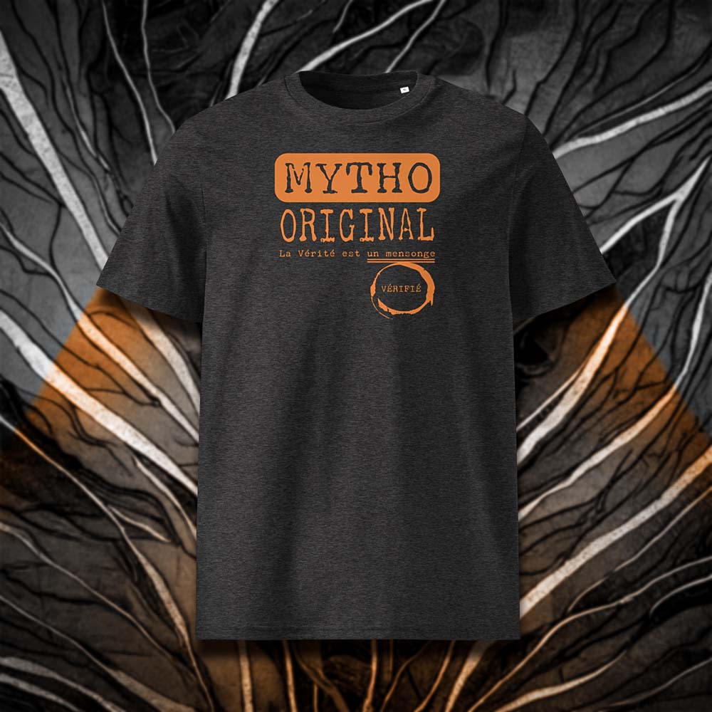 T-shirt unisexe gris foncé, vu de face et portant le design "Mytho Original" coloré en mandarine