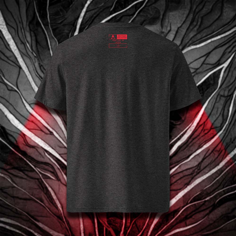 T-shirt unisexe gris foncé, vu de dos et portant l'étiquette de la collection "Mytho" coloré en rouge écarlate