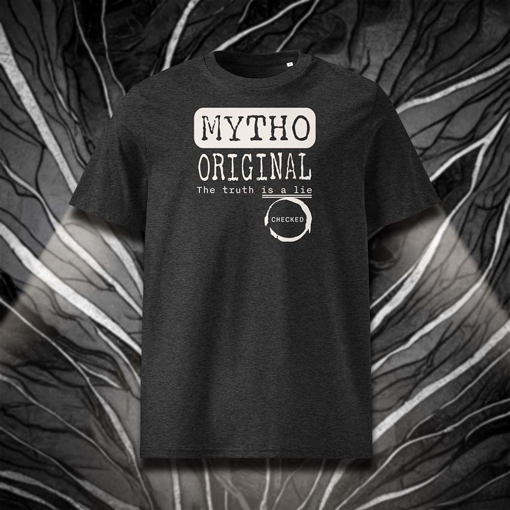 T-shirt unisexe gris foncé, vu de face et portant le design "Mytho Original" en version anglaise et coloré en blanc craie