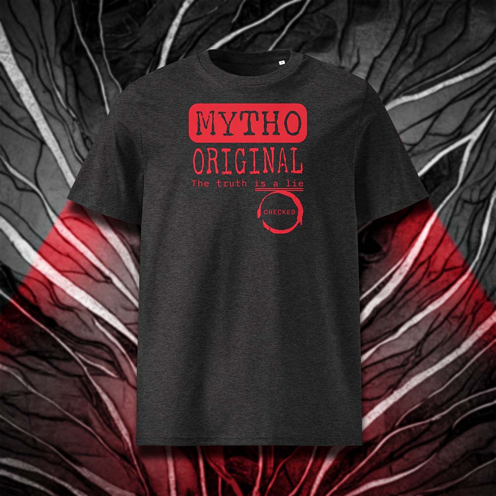 T-shirt unisexe gris foncé, vu de face et portant le design "Mytho Original" en version anglaise et coloré en rouge écarlate