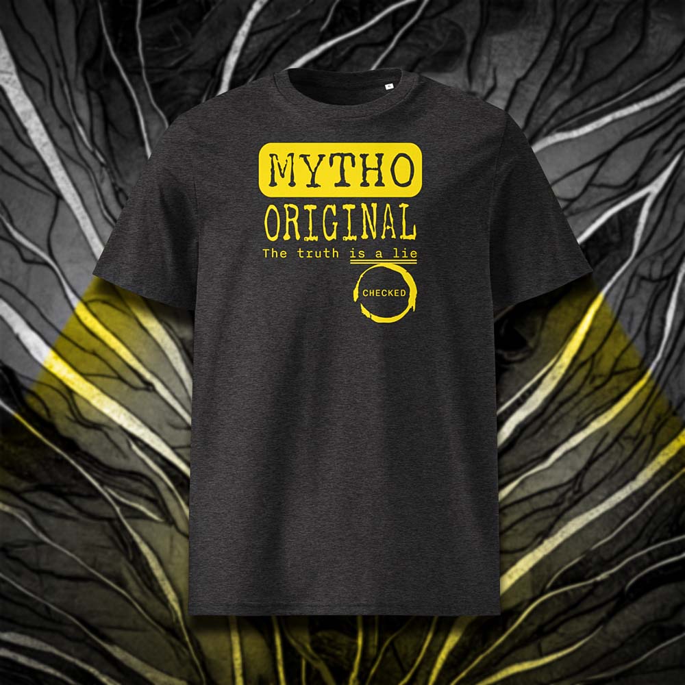 T-shirt unisexe gris foncé, vu de face et portant le design "Mytho Original" en version anglaise et coloré en jaune soleil