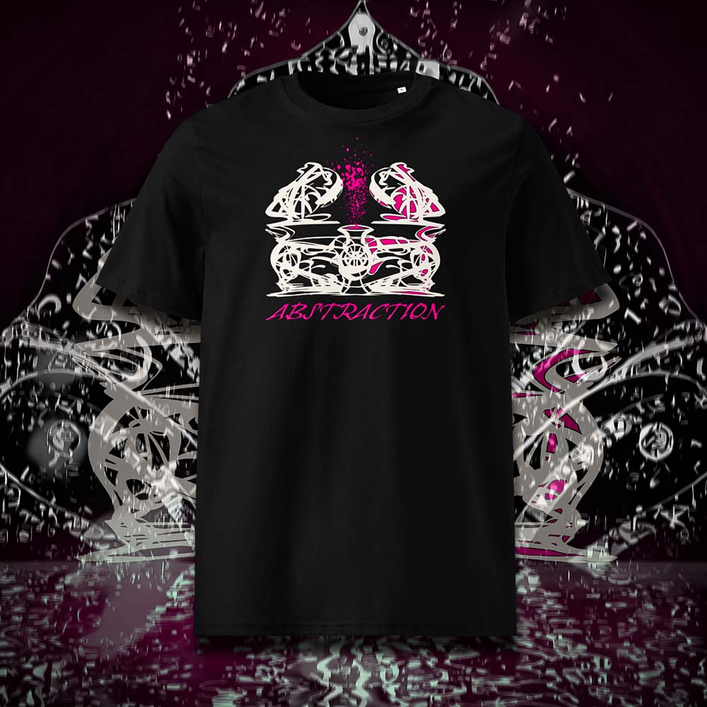 T-shirt unisexe noir, vu de face et portant le design "Abstraction 1" coloré en blanc craie et magenta