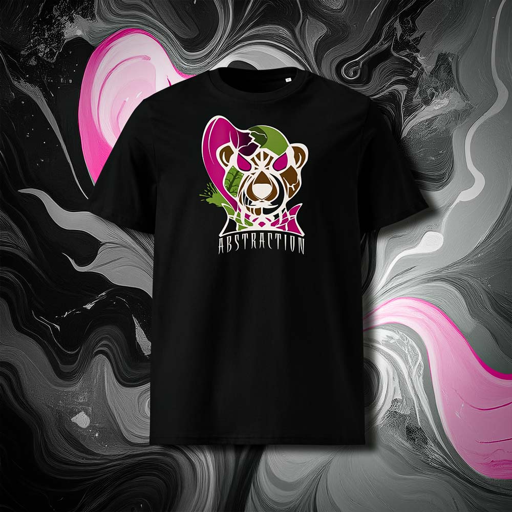 T-shirt unisexe noir, vu de face et portant le design "Abstraction 3" coloré en blanc craie et magenta