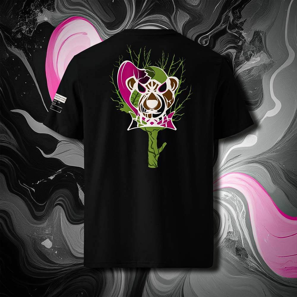 T-shirt unisexe noir, vu de dos et portant le design "Abstraction 3" coloré en blanc craie et magenta