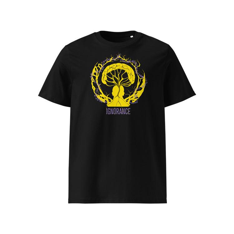 T-shirt unisexe noir, vu de face et portant le design "Ignorance" coloré en jaune soleil