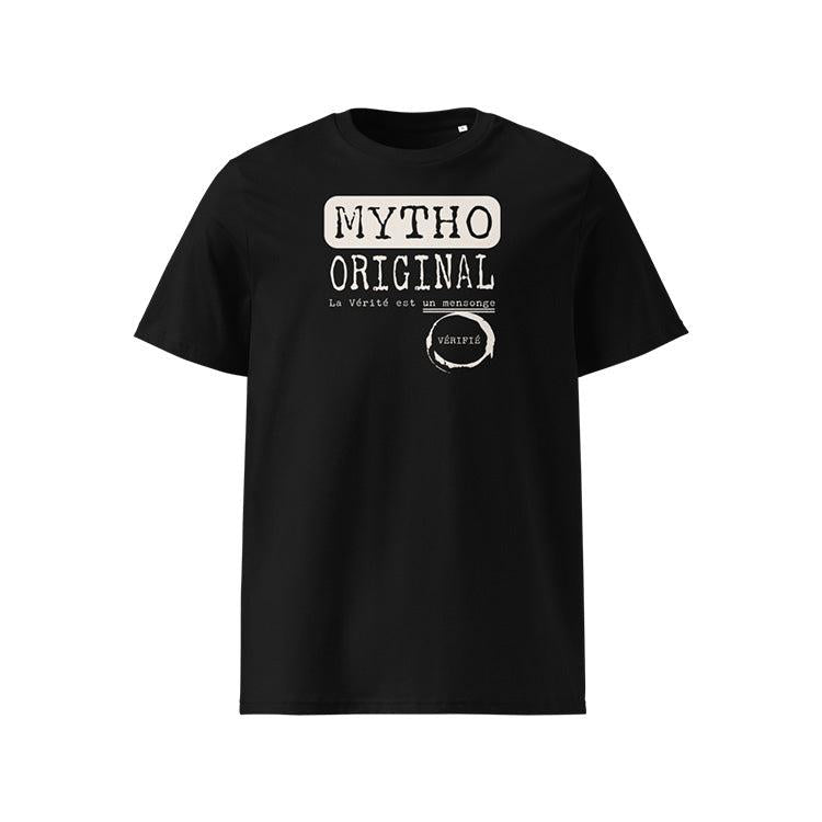 T-shirt unisexe noir, vu de face et portant le design "Mytho Original" coloré en blanc craie