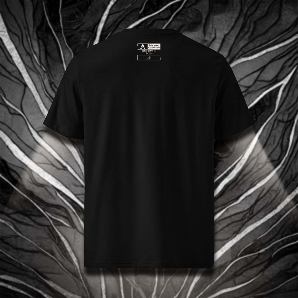 T-shirt unisexe noir, vu de dos et portant l'étiquette de la collection 