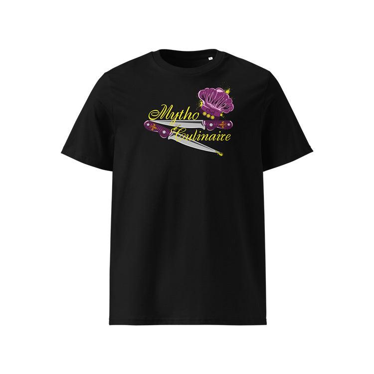 T-shirt unisexe noir, vu de face et portant le design "Mytho Culinaire" aux couleurs aubergines