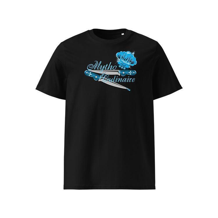 T-shirt unisexe noir, vu de face et portant le design "Mytho Culinaire" coloré en cyan