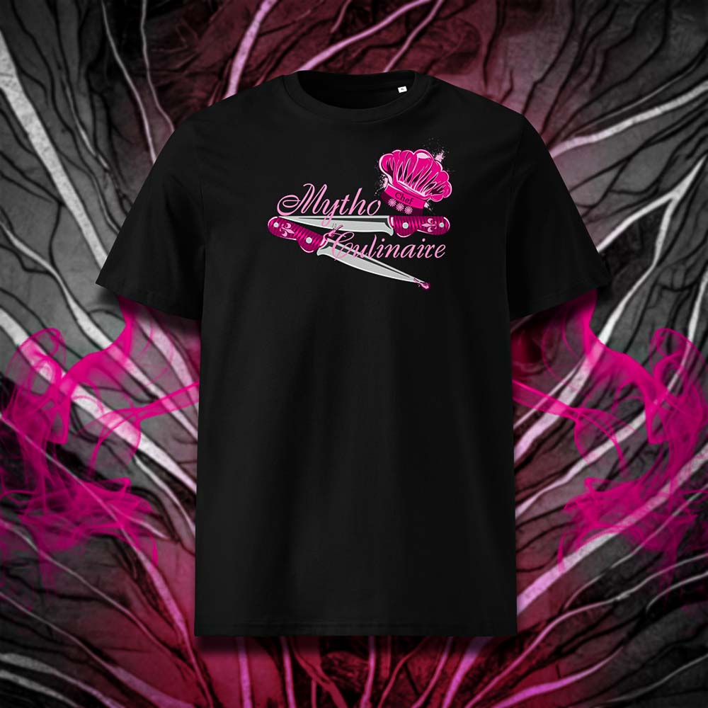 T-shirt unisexe noir, vu de face et portant le design "Mytho Culinaire" coloré en magenta