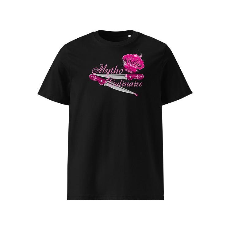 T-shirt unisexe noir, vu de face et portant le design "Mytho Culinaire" coloré en magenta