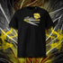 T-shirt unisexe noir, vu de face et portant le design "Mytho Culinaire" coloré en jaune soleil