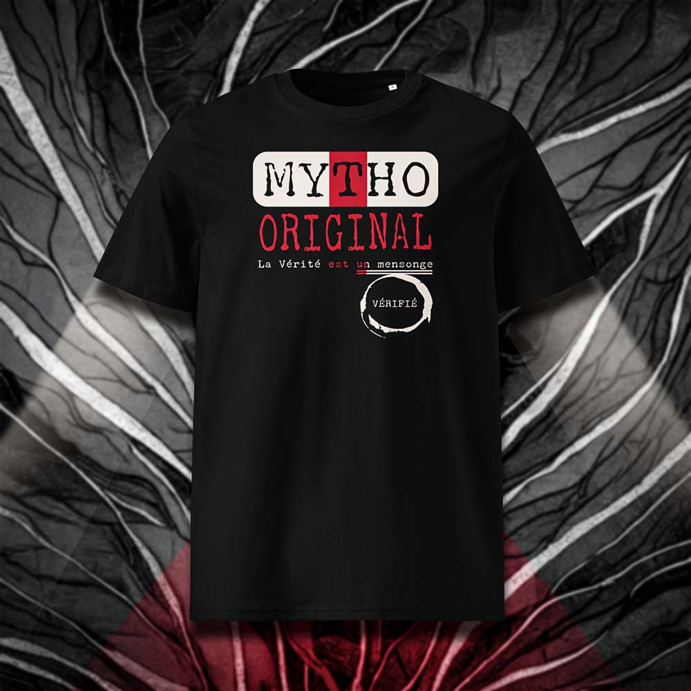 T-shirt unisexe noir, vu de face et portant le design "Mytho Original" aux couleurs de l'Angleterre