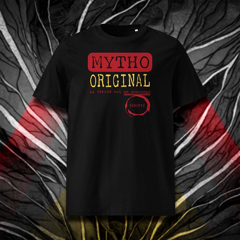 T-shirt unisexe noir, vu de face et portant le design "Mytho Original" aux couleurs de l'Espagne