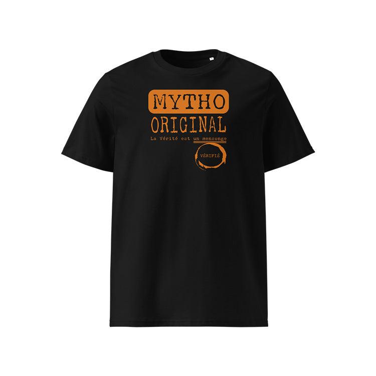 T-shirt unisexe noir, vu de face et portant le design "Mytho Original" coloré en mandarine