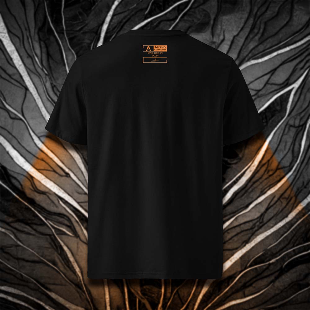 T-shirt unisexe noir, vu de dos et portant l'étiquette de la collection "Mytho" coloré en mandarine