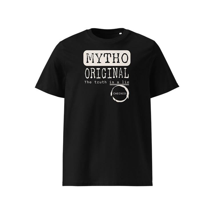 T-shirt unisexe noir, vu de face et portant le design "Mytho Original" en version anglaise et coloré en blanc craie