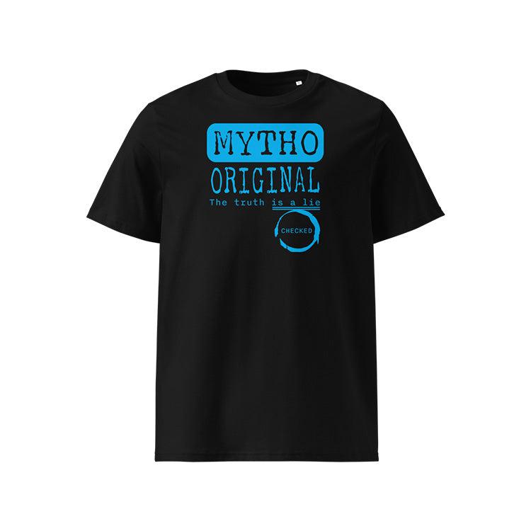 T-shirt unisexe noir, vu de face et portant le design "Mytho Original" en version anglaise et coloré en cyan