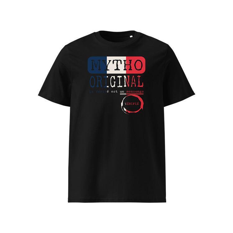 T-shirt unisexe noir, vu de face et portant le design "Mytho Original" aux couleurs de la France