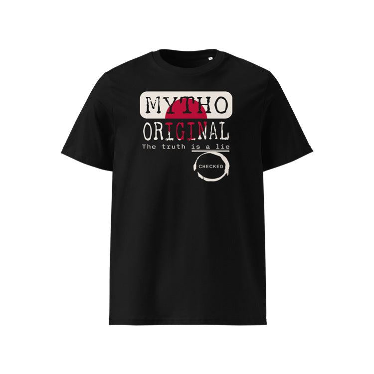 T-shirt unisexe noir, vu de face et portant le design "Mytho Original" en version anglaise et aux couleurs du Japon