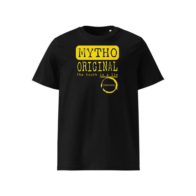 T-shirt unisexe noir, vu de face et portant le design "Mytho Original" en version anglaise et coloré en jaune soleil