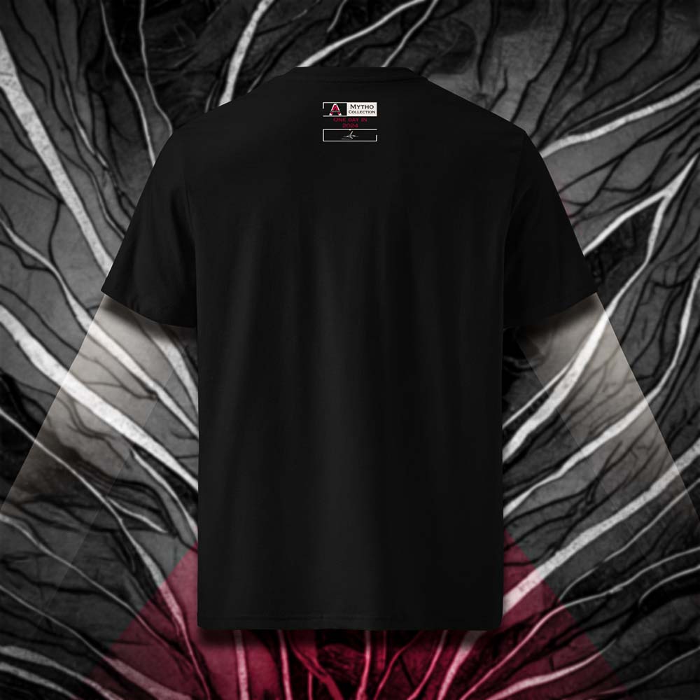 T-shirt unisexe noir, vu de dos et portant l'étiquette de la collection 