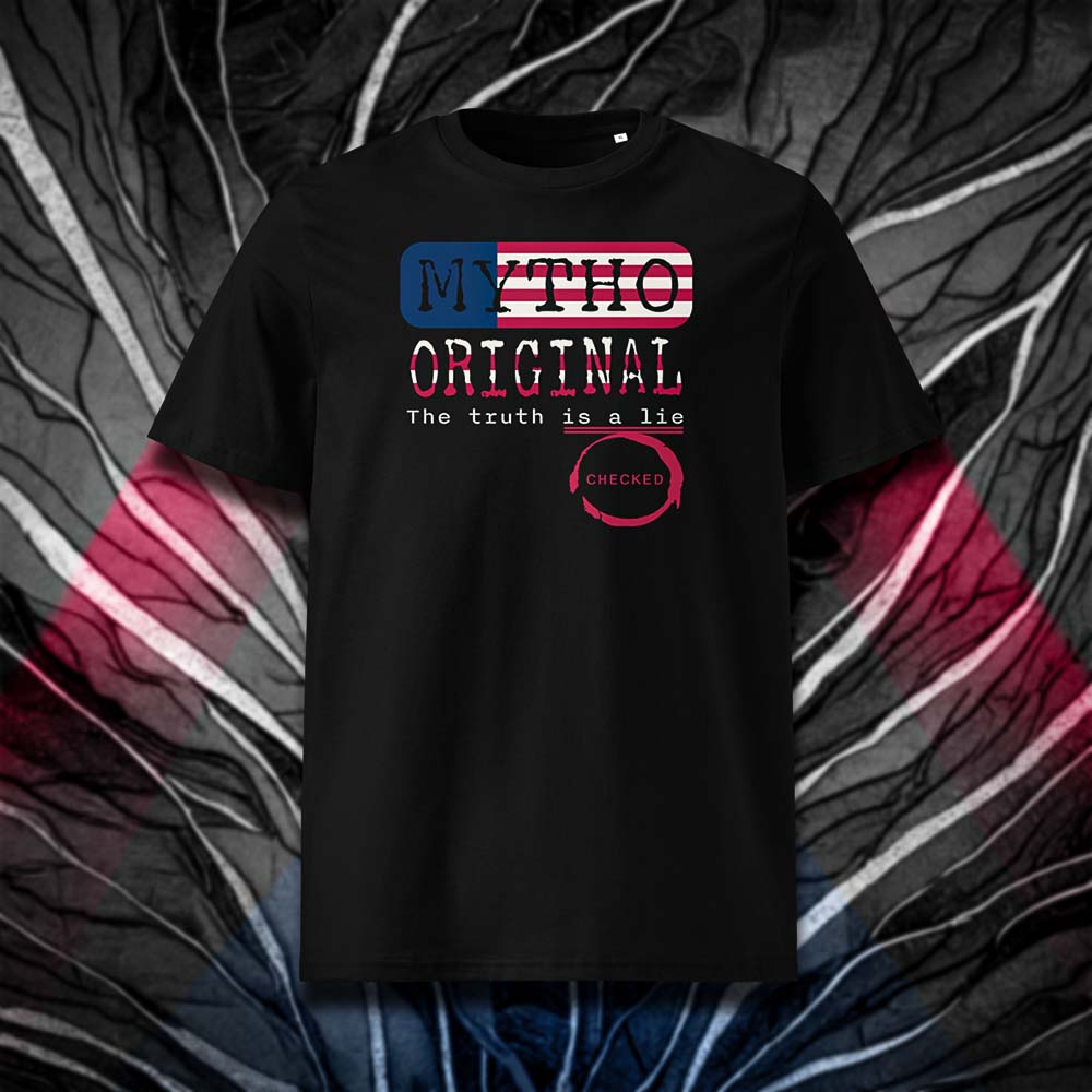 T-shirt unisexe noir, vu de face et portant le design "Mytho Original" en version anglaise et aux couleurs des USA