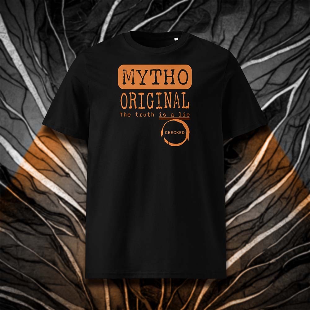 T-shirt unisexe noir, vu de face et portant le design "Mytho Original" en version anglaise et coloré en mandarine