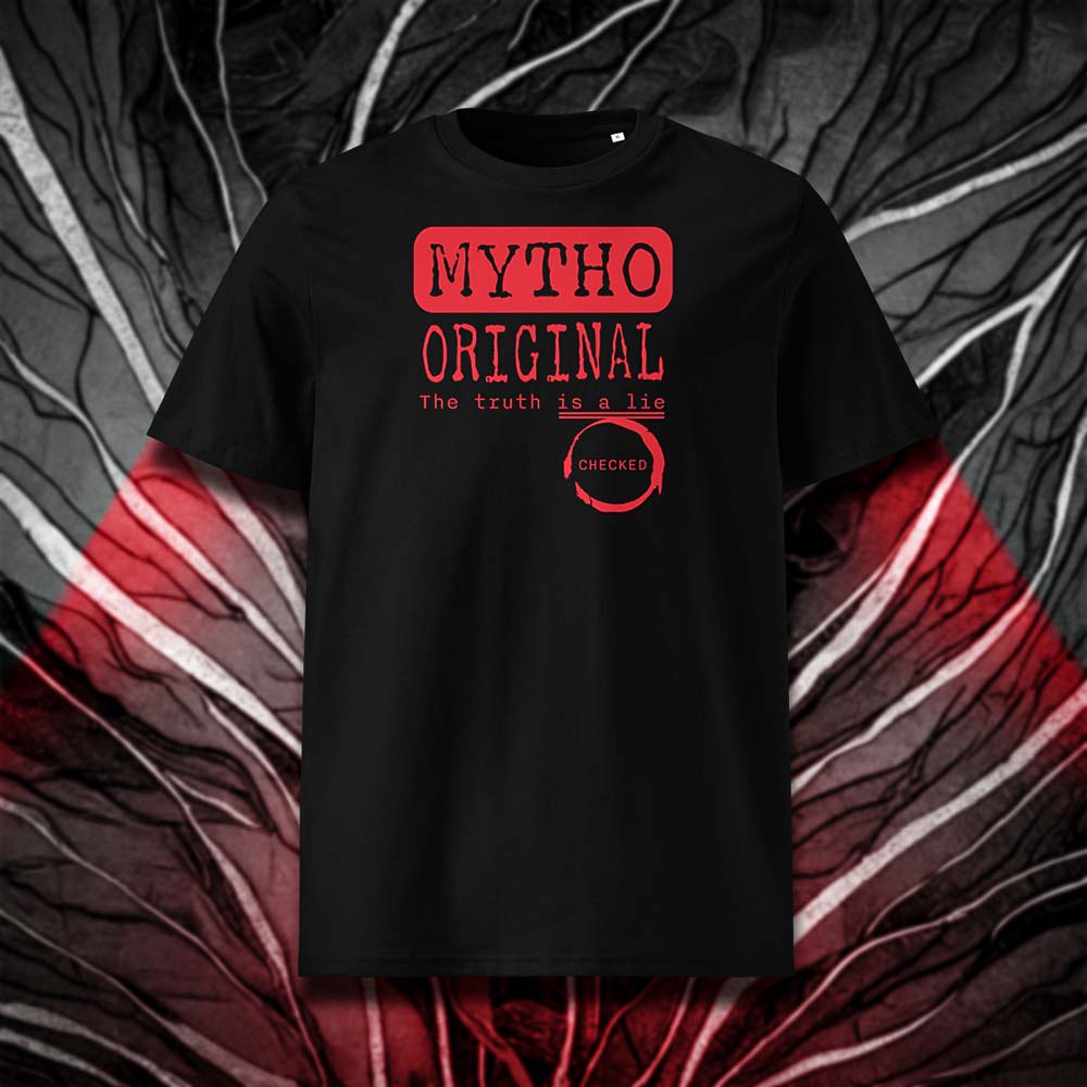 T-shirt unisexe noir, vu de face et portant le design "Mytho Original" en version anglaise et coloré en rouge écarlate