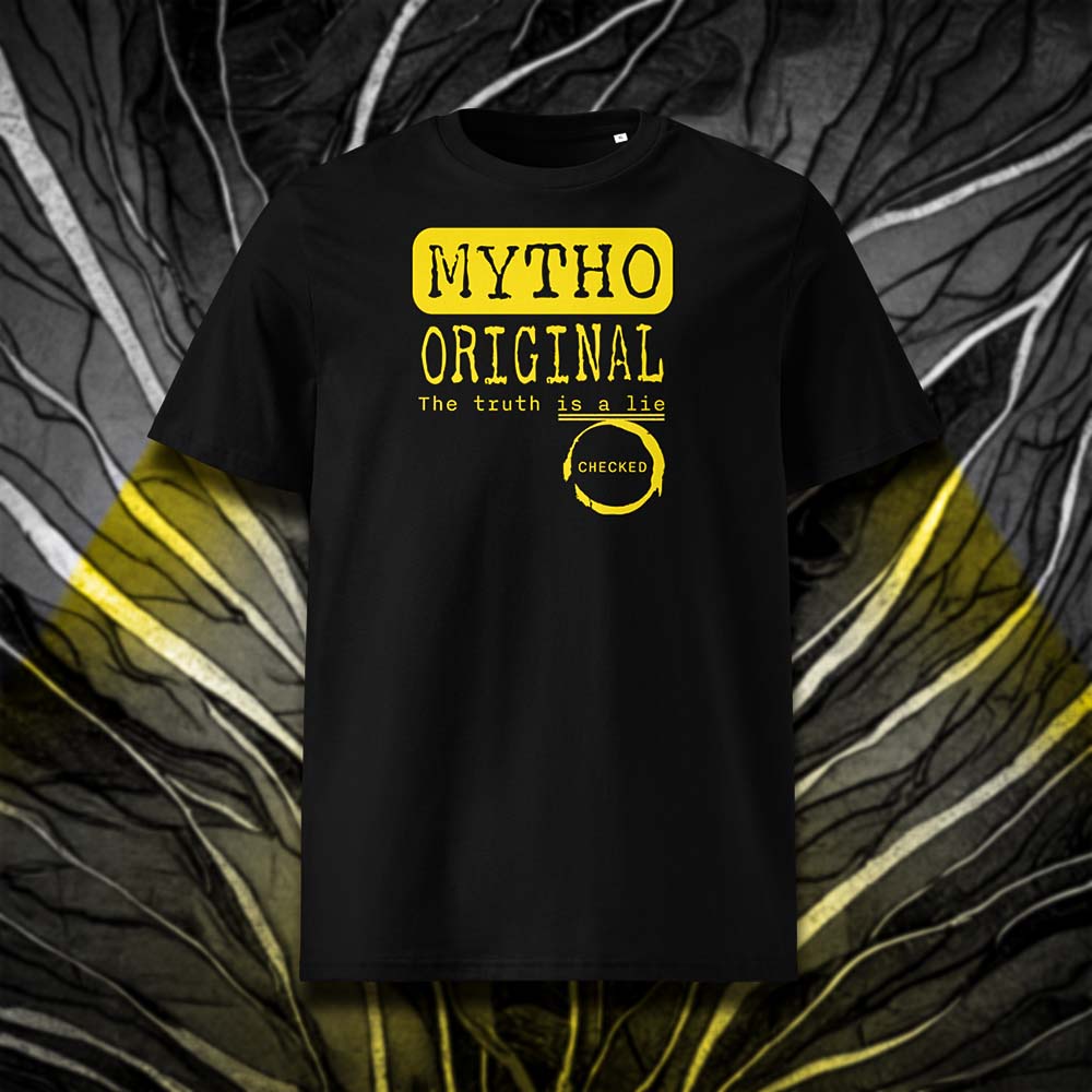 T-shirt unisexe noir, vu de face et portant le design "Mytho Original" en version anglaise et coloré en jaune soleil