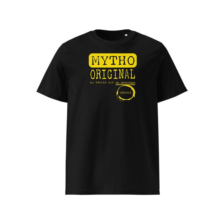 T-shirt unisexe noir, vu de face et portant le design "Mytho Original" coloré en jaune soleil