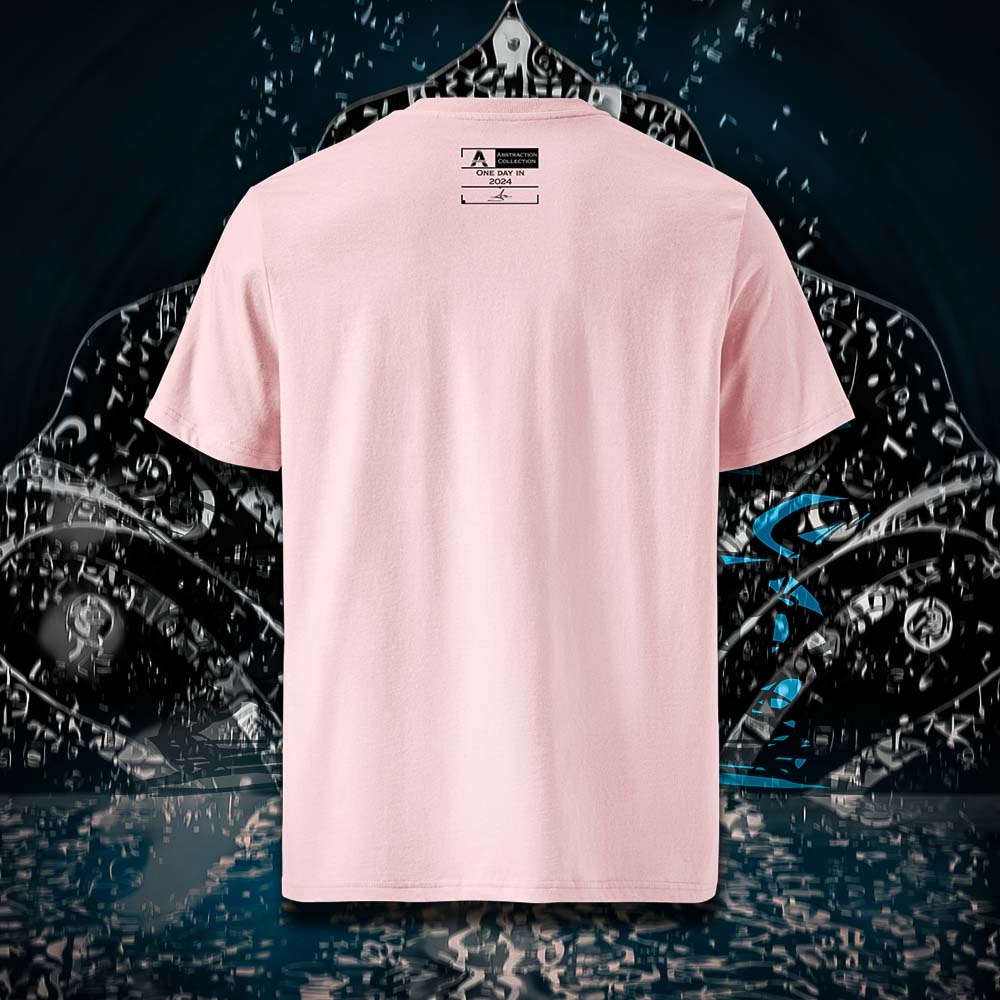 T-shirt unisexe rose, vu de dos et portant l'étiquette de la collection 