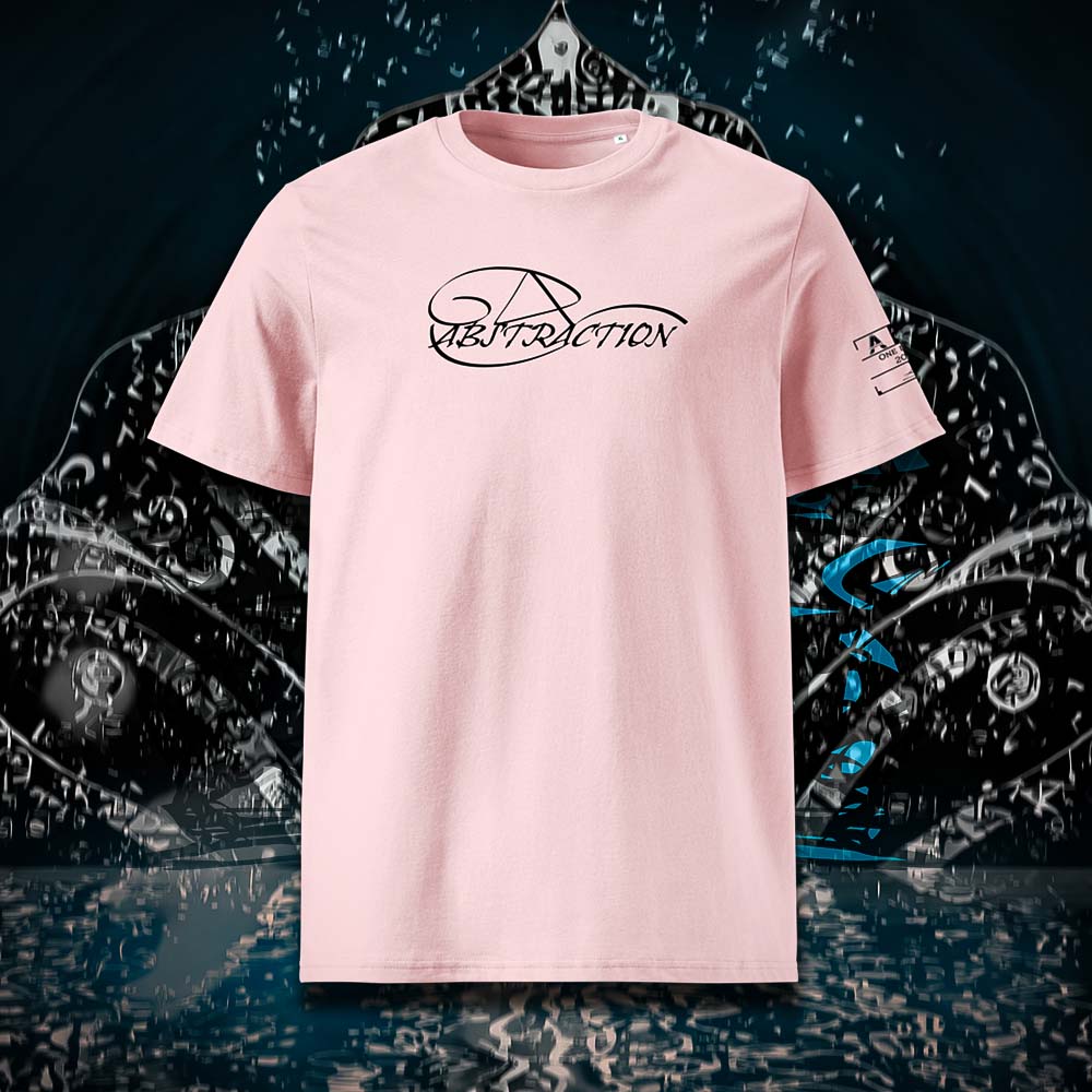 T-shirt unisexe rose, vu de face et portant le mot abstraction coloré en noir