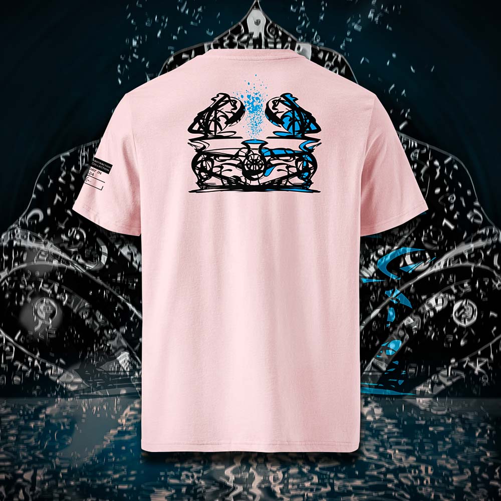 T-shirt unisexe rose, vu de dos et portant le design "Abstraction 1" coloré en noir et cyan