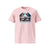 T-shirt unisexe rose, vu de face et portant le design "Abstraction 1" coloré en noir et cyan