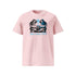 T-shirt unisexe rose, vu de face et portant le design "Abstraction 1" coloré en noir et cyan