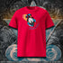 T-shirt unisexe rouge, vu de face et portant le design "Abstraction 2" coloré en noir et cyan