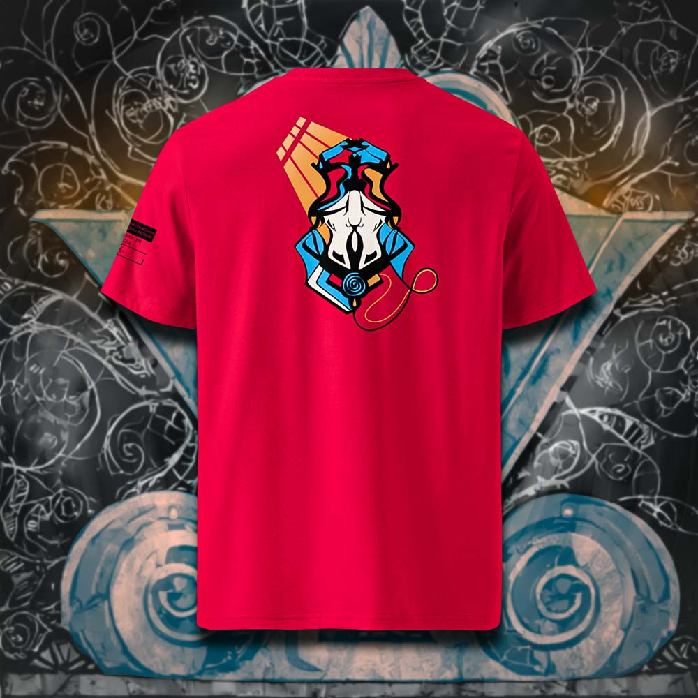 T-shirt unisexe rouge, vu de dos et portant le design "Abstraction 2" coloré en noir et cyan