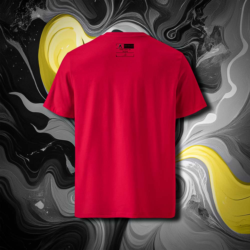 T-shirt unisexe rouge, vu de dos et portant l'étiquette de la collection "Abstraction" coloré en noir