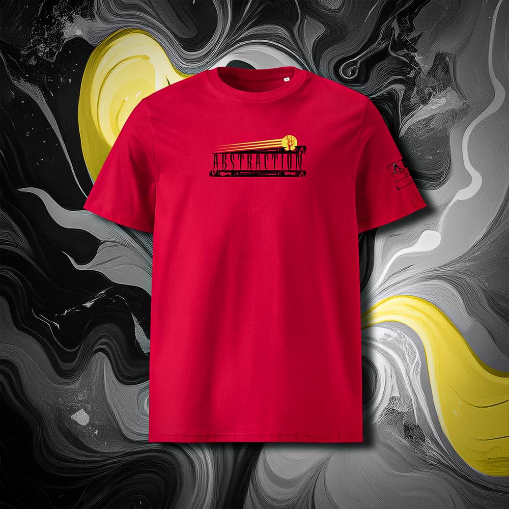 T-shirt unisexe rouge, vu de face et portant le mot abstraction coloré en noir