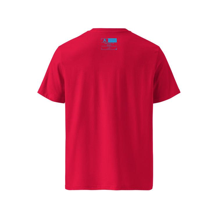 T-shirt unisexe rouge, vu de dos et portant l'étiquette de la collection "Ignorance" coloré en cyan