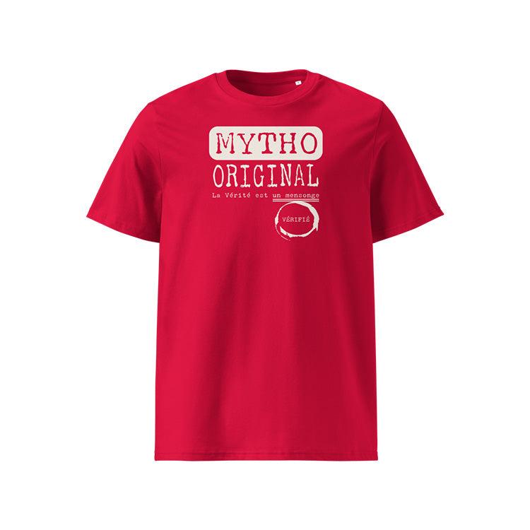 T-shirt unisexe rouge, vu de face et portant le design "Mytho Original" coloré en blanc craie