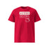 T-shirt unisexe rouge, vu de face et portant le design "Mytho Original" coloré en blanc craie