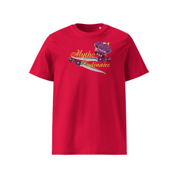 T-shirt unisexe rouge, vu de face et portant le design "Mytho Culinaire" aux couleurs aubergines