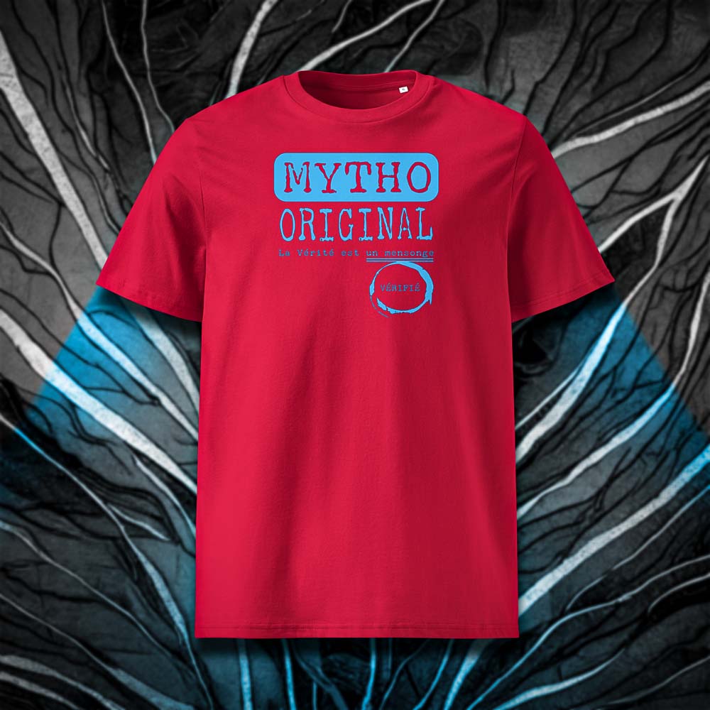 T-shirt unisexe rouge, vu de face et portant le design "Mytho Original" coloré en cyan