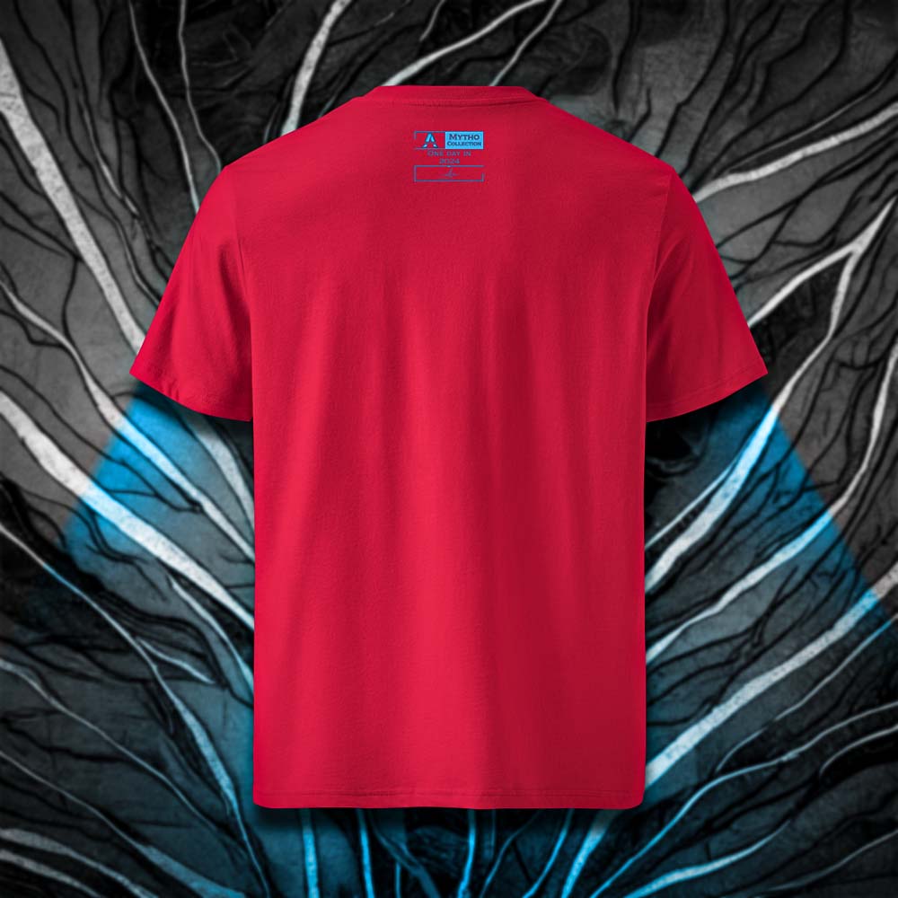 T-shirt unisexe rouge, vu de dos et portant l'étiquette de la collection "Mytho" coloré en cyan